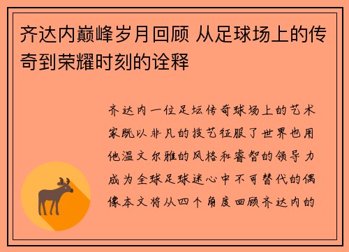 齐达内巅峰岁月回顾 从足球场上的传奇到荣耀时刻的诠释