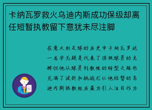 卡纳瓦罗救火乌迪内斯成功保级却离任短暂执教留下意犹未尽注脚