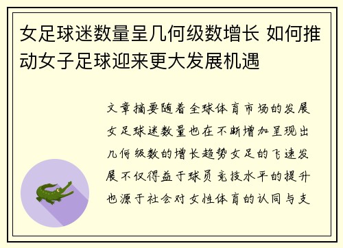 女足球迷数量呈几何级数增长 如何推动女子足球迎来更大发展机遇